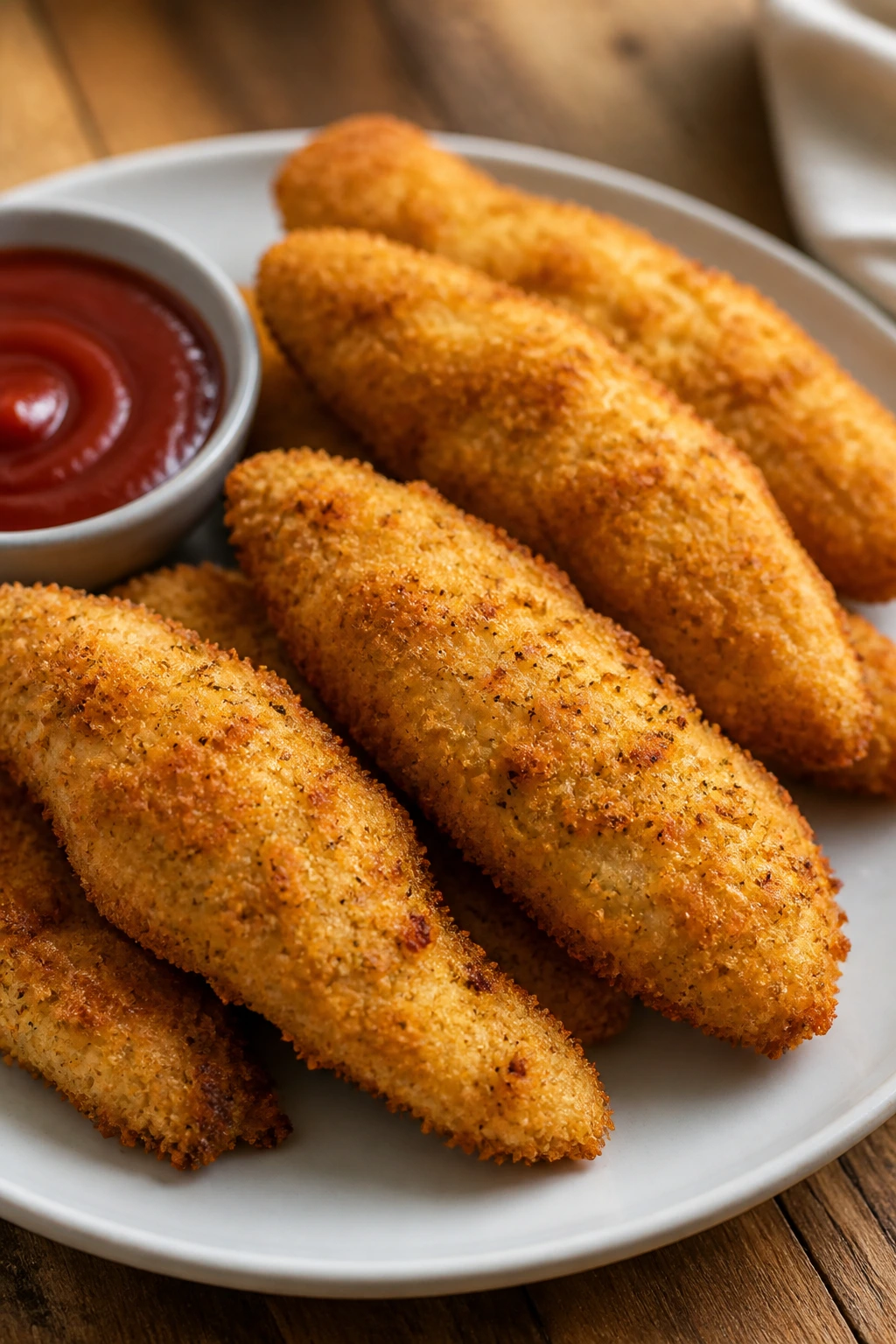 Crispy oven-baked chicken tenders on plate with dipping sauce