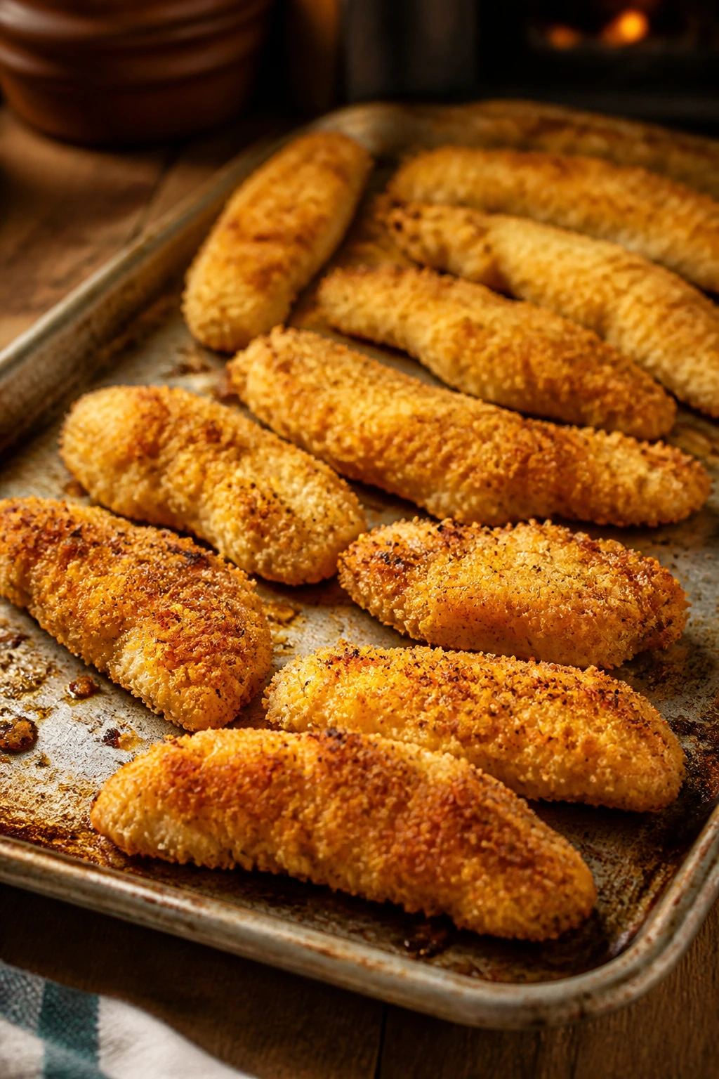 Golden oven-baked chicken tenders on a sheet pan