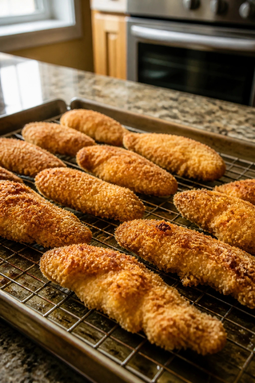 Rack of oven-baked chicken tenders on a wire rack