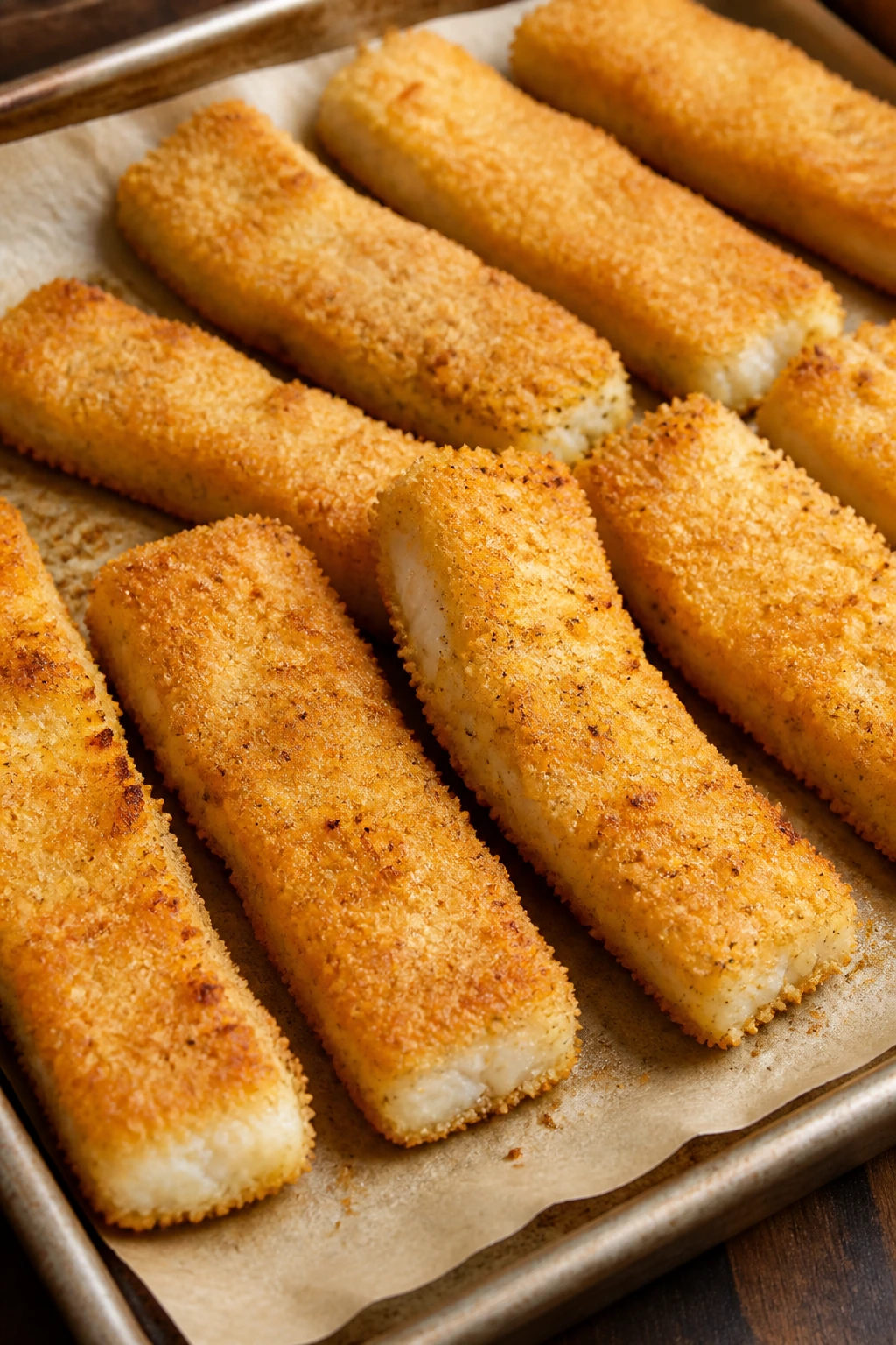 Crispy oven-baked fish sticks on parchment in a kitchen