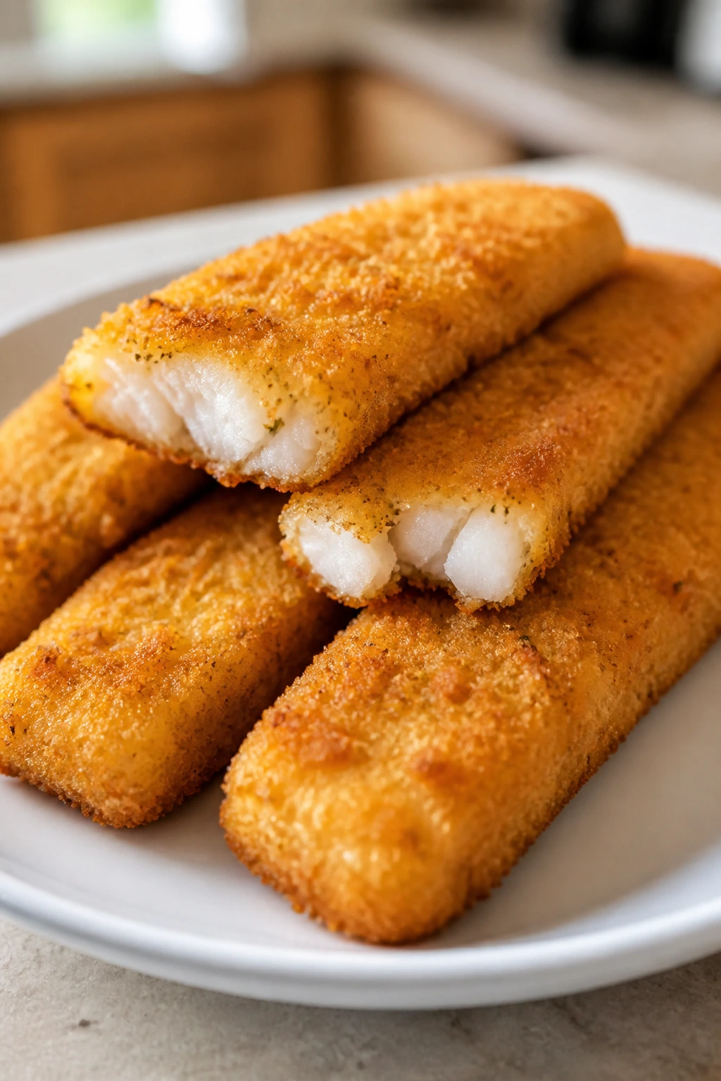 Golden oven-baked fish sticks on a plate with crisp crust.