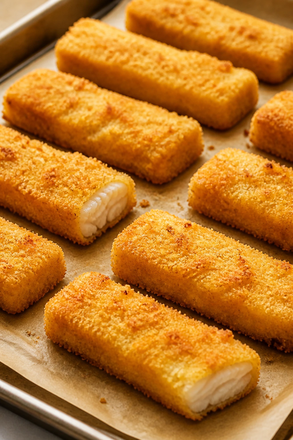 Close-up of pale-gold oven-baked fish sticks on parchment