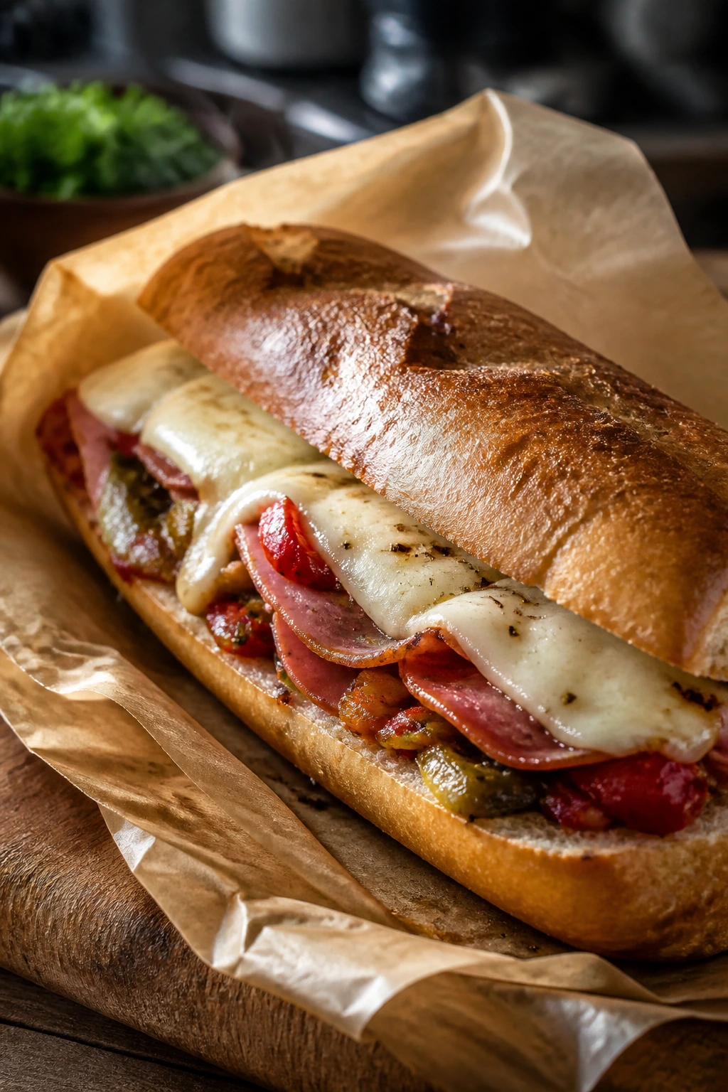Hot oven-baked Italian sub with melted cheese