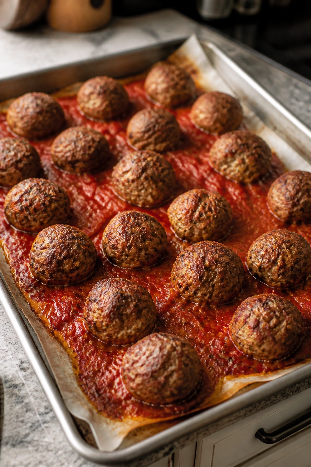 Close-up of oven-baked meatballs on parchment with marinara