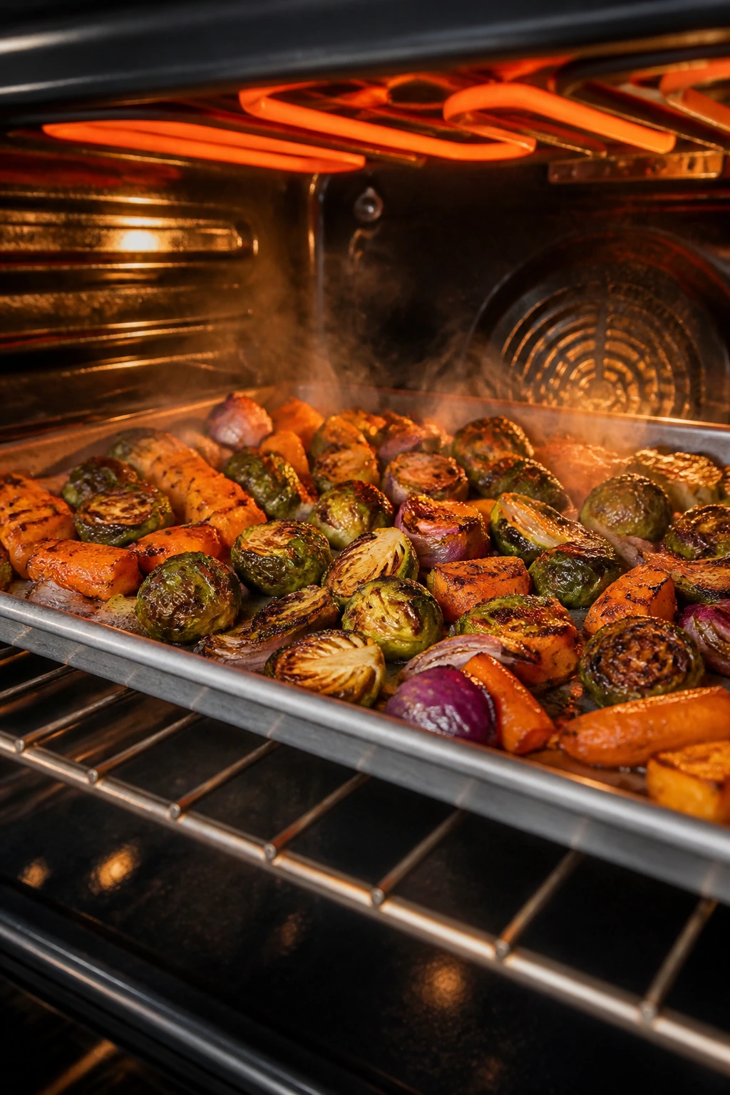 Inside oven with browning vegetables on a sheet pan