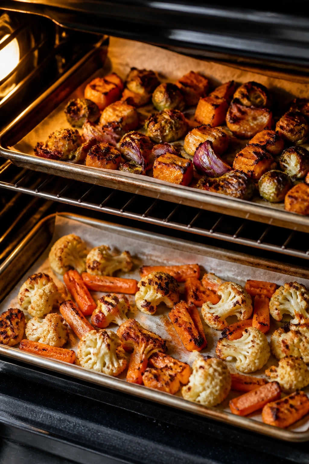 Vegetables roasting in two sheet pans showing caramelization in the oven