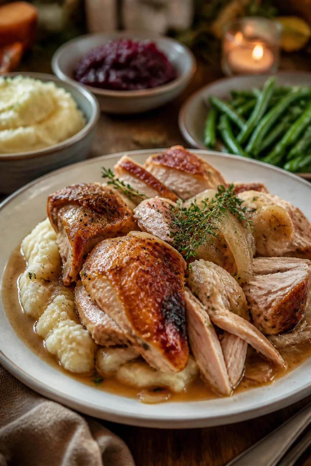 Plated holiday turkey dinner served without using the oven