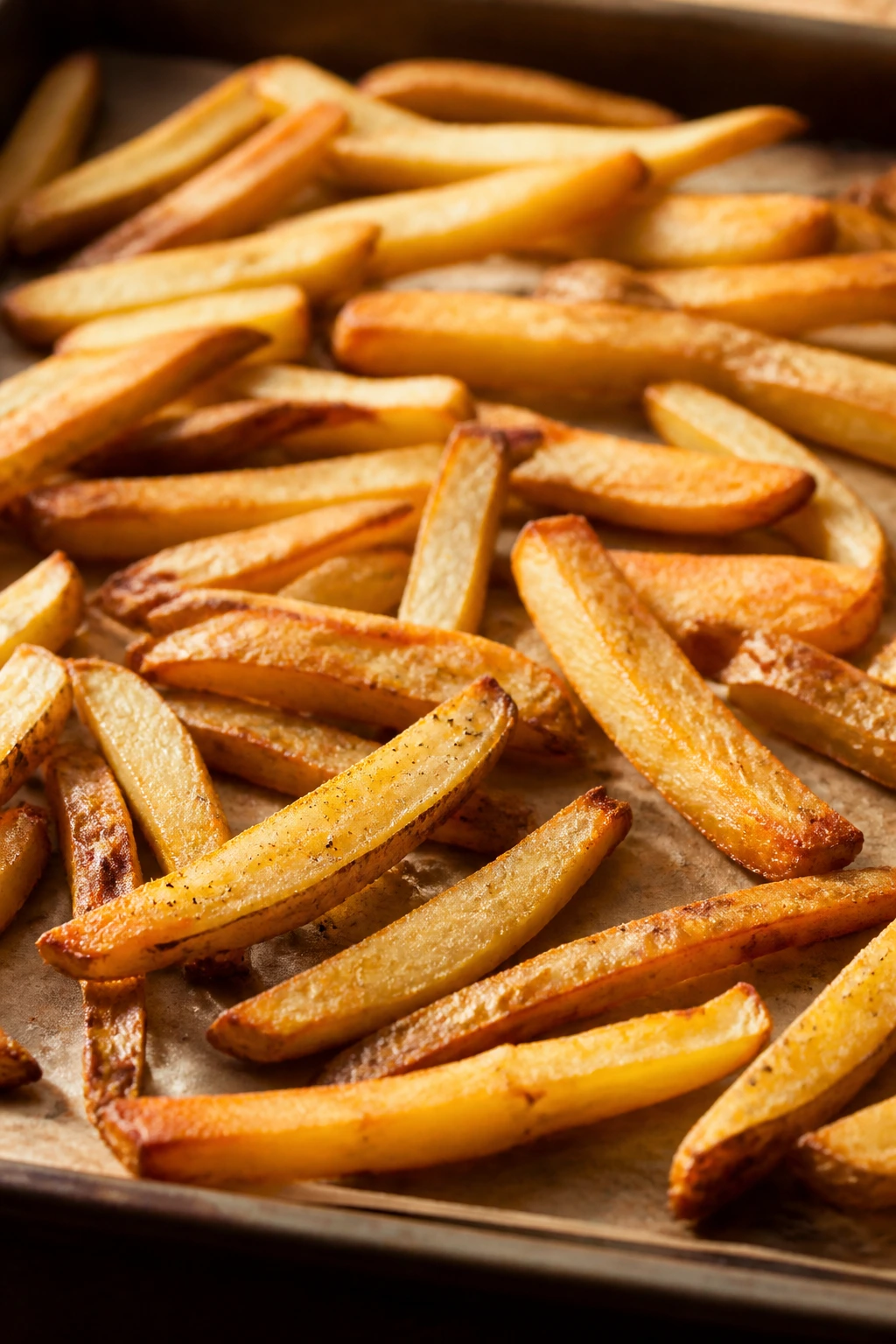Close-up of golden crispy oven fries on a baking sheet