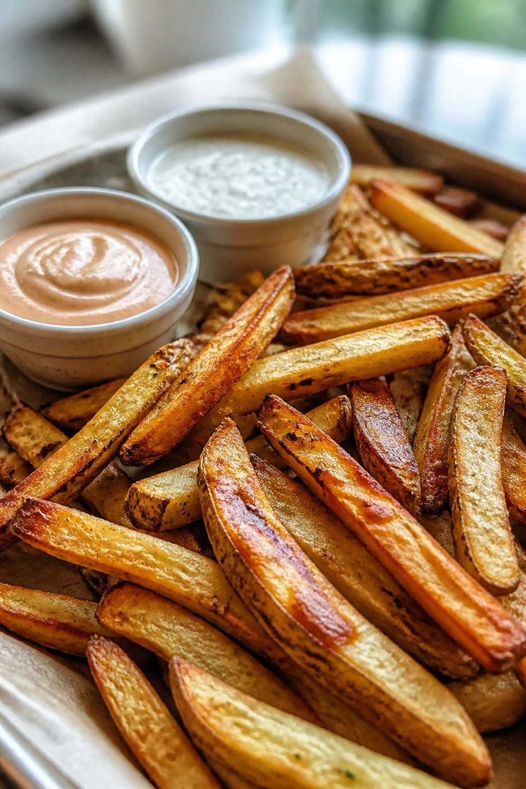 Crispy oven fries with two dipping sauces in small cups on a parchment-lined tray