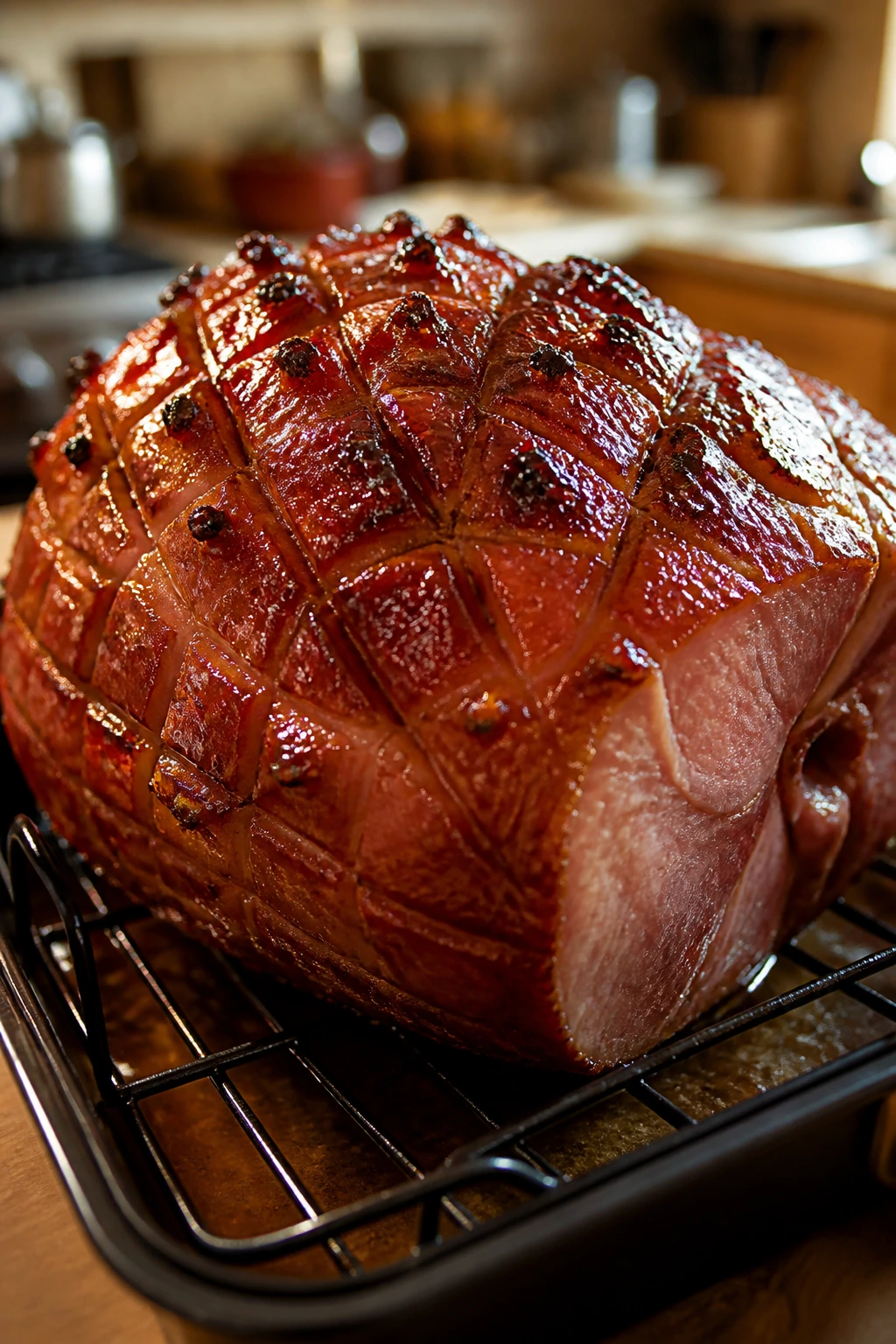 Close-up of glazed whole ham showing oven glaze method