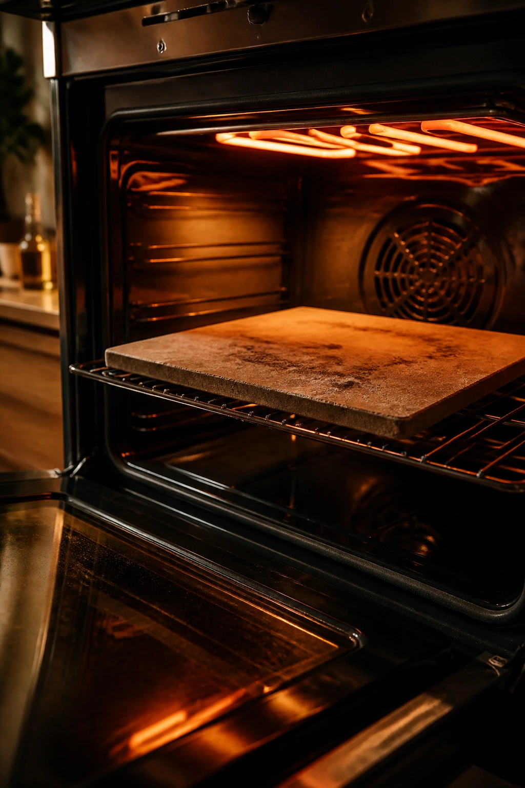 Inside view of a glowing hot oven with a baking stone