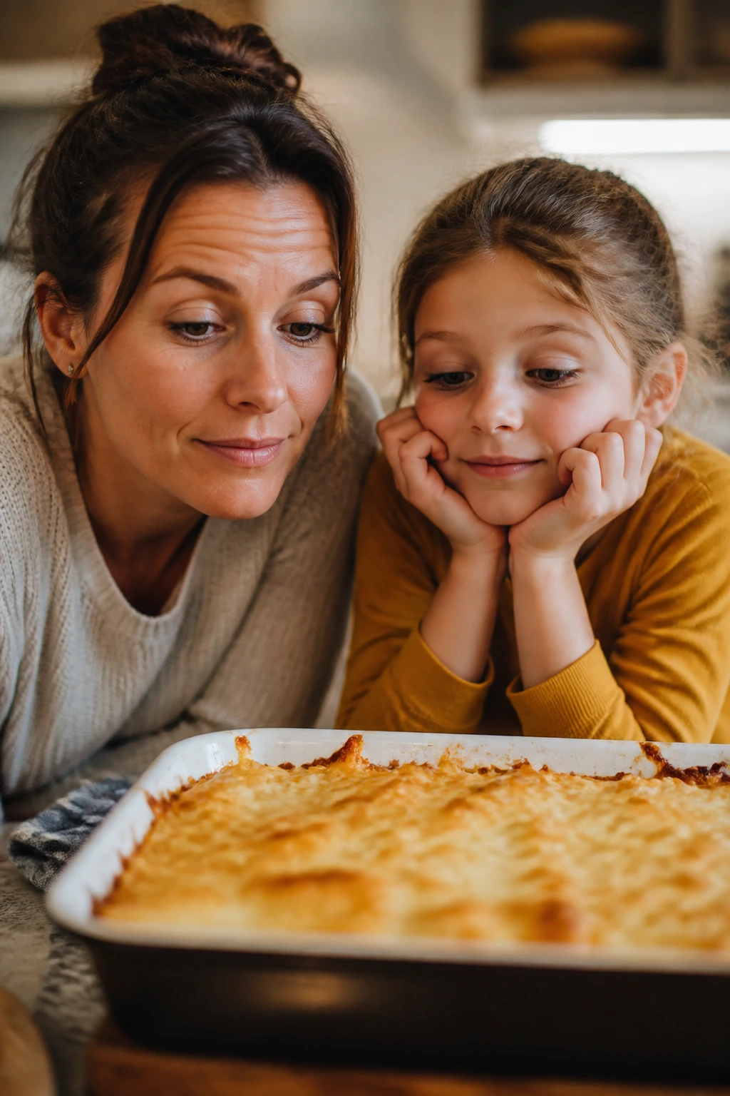 Close-up of mother and child in a warm kitchen discussing a cheesy bake before preheating