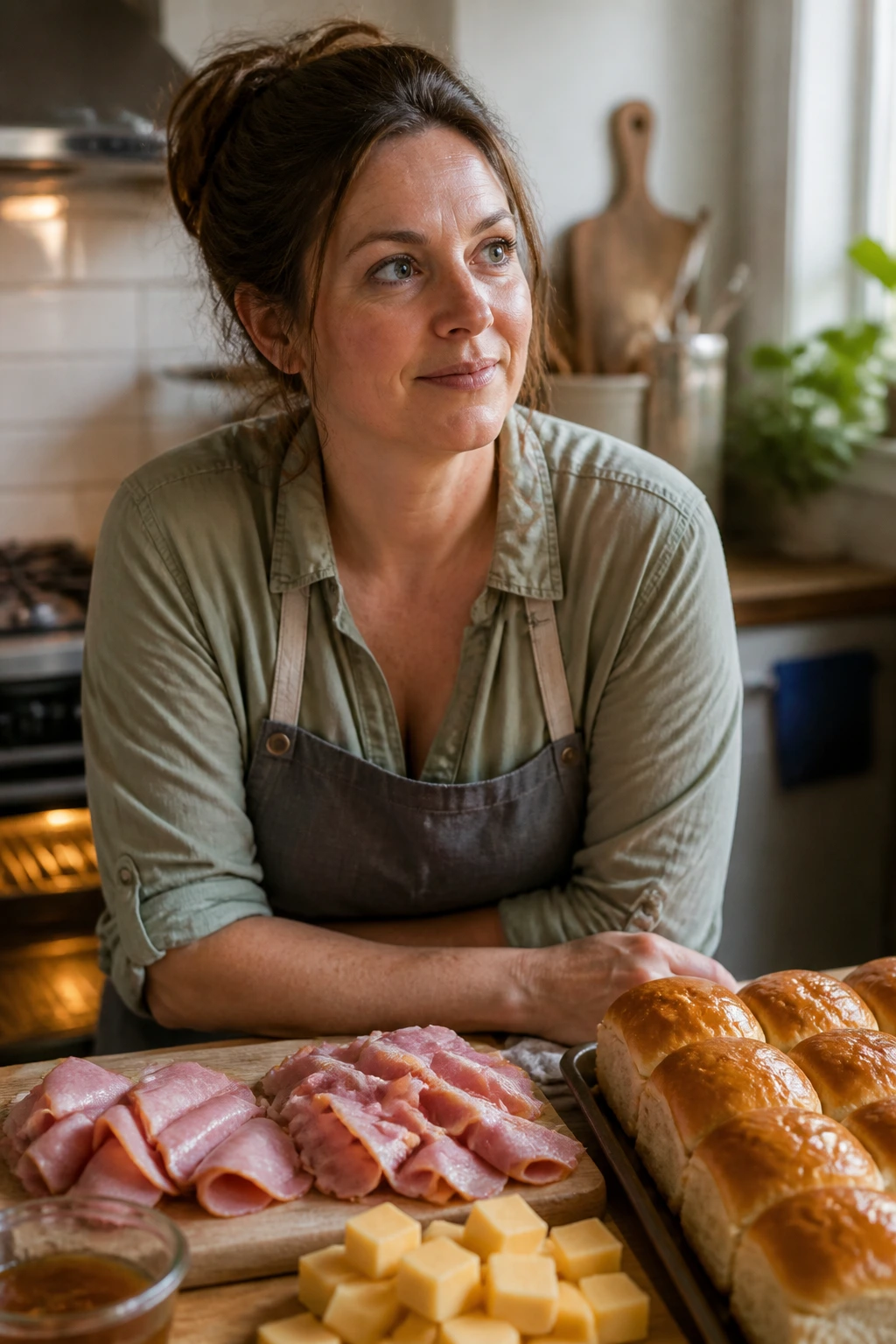 Thoughtful home cook in warm kitchen with ham and slider buns before baking
