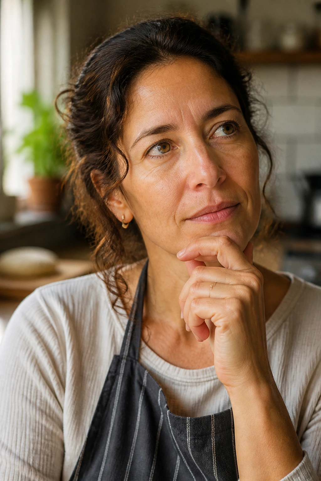 Thoughtful person in a kitchen considering oven preparation