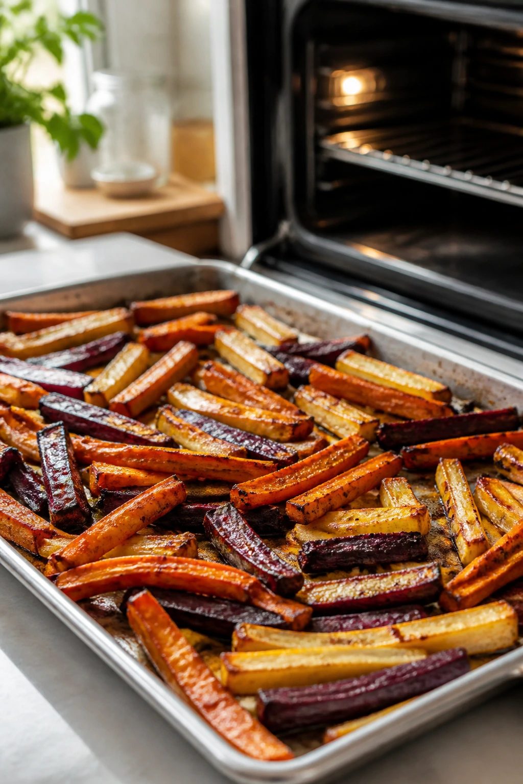 Fries on a baking sheet with oven in background