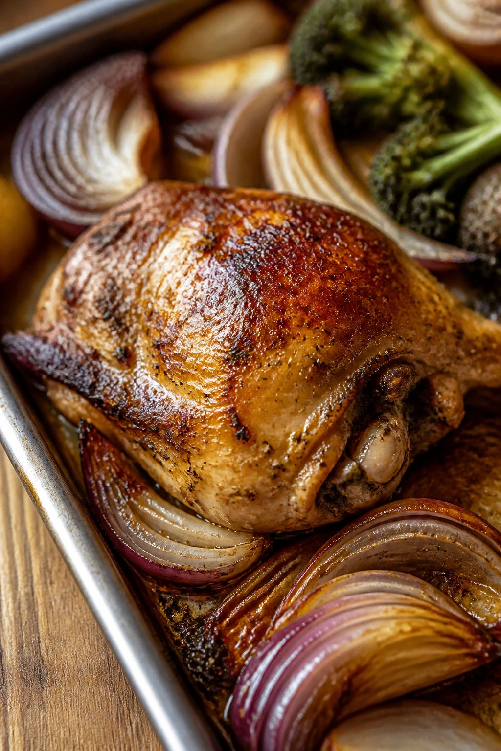 Bronzed oven-roasted chicken thigh with crispy skin and onions on a sheet pan in a warm kitchen