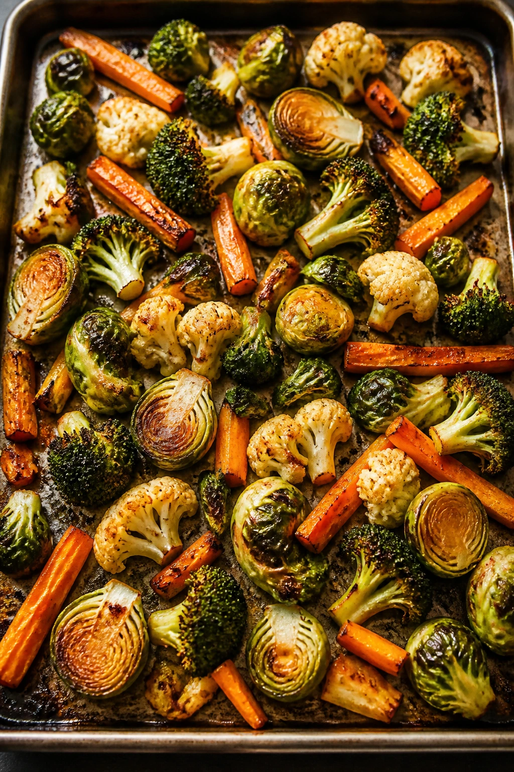 Tray of oven-roasted vegetables with deep edges and tender centers