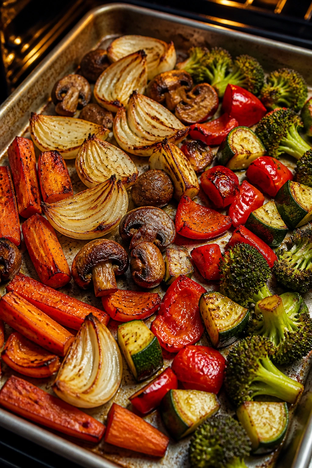 Roasted vegetables with browning edges on a baking sheet