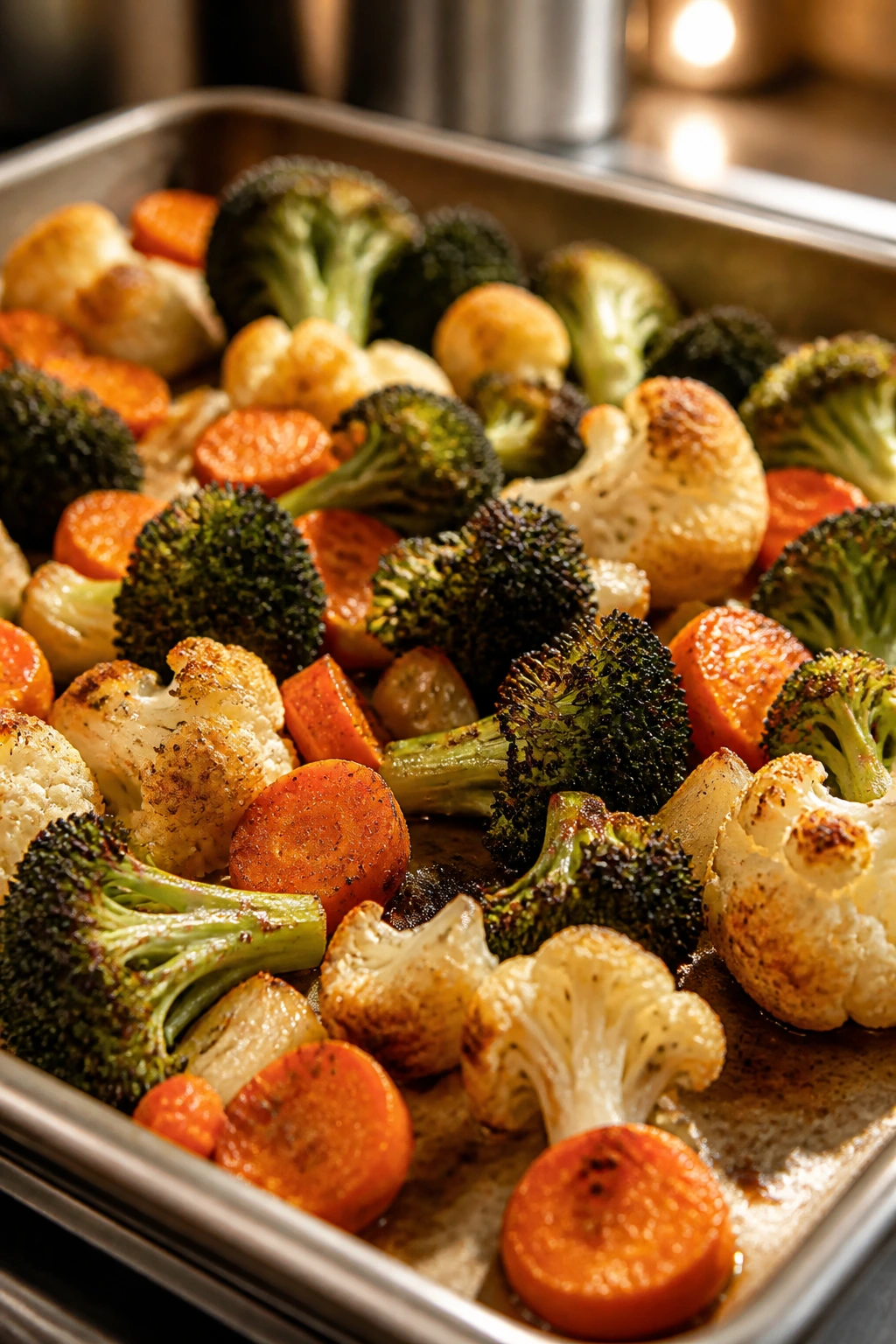 Close-up of browning broccoli, cauliflower and carrots in a sheet pan