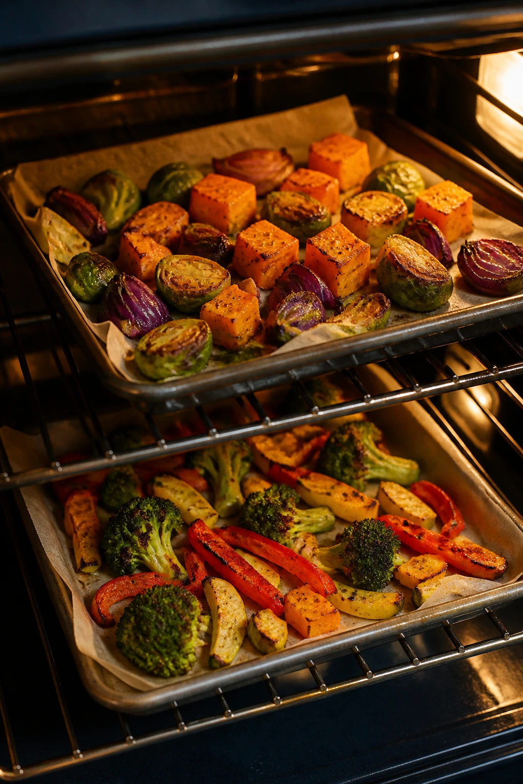 Two sheet pans on oven racks with colorful vegetables roasting inside an oven