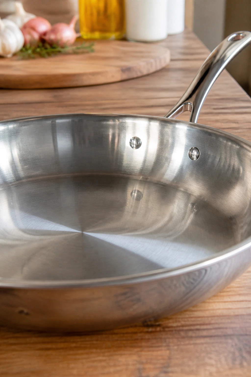 Shiny 12-inch oven-safe skillet on wooden counter