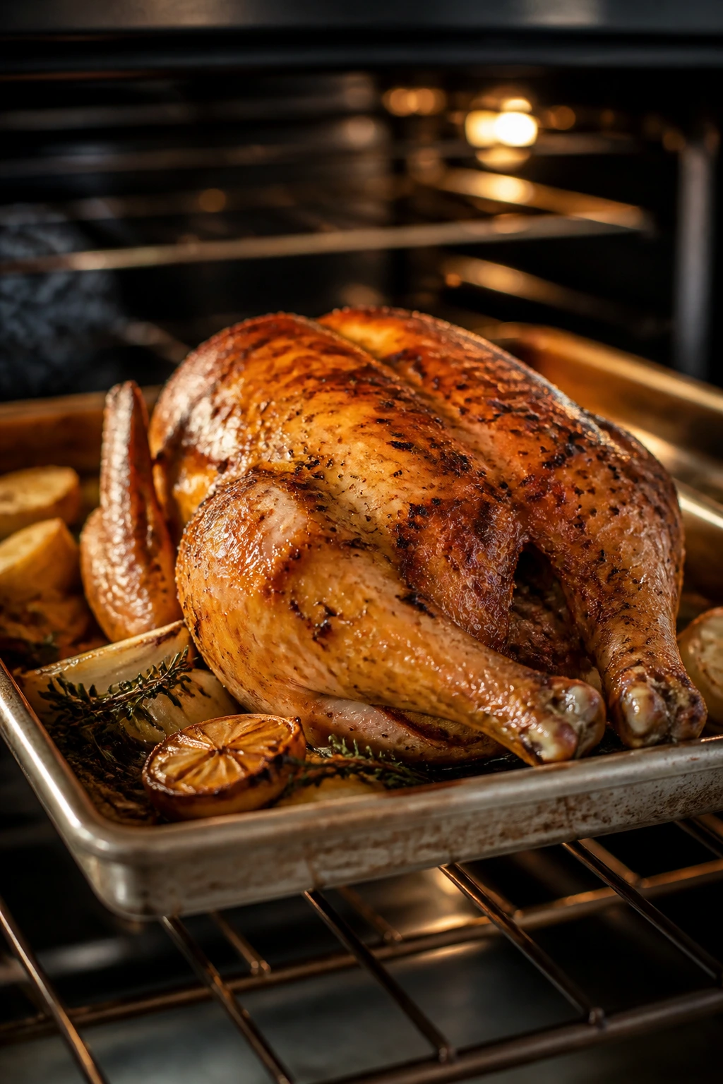 Roasted chicken on pan with browning skin in kitchen