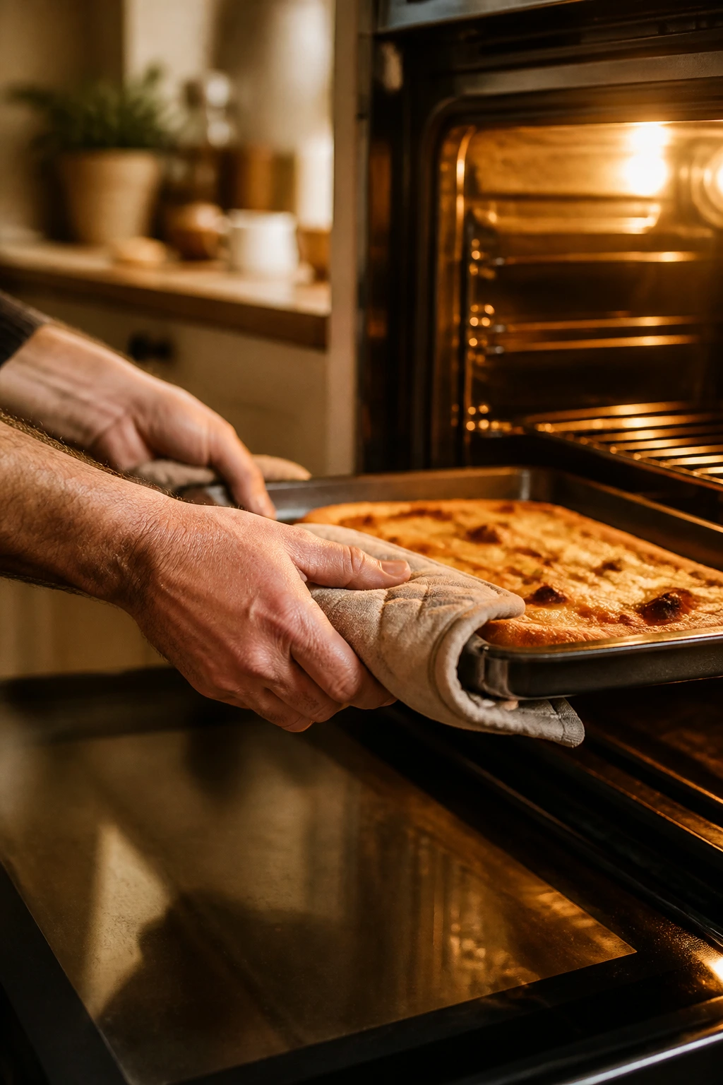 Close-up of hands in a mitt sliding a hot baking sheet from a glowing oven