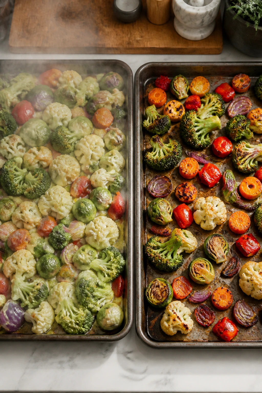 Two sheet pans showing crowded vs spaced vegetables to explain browning