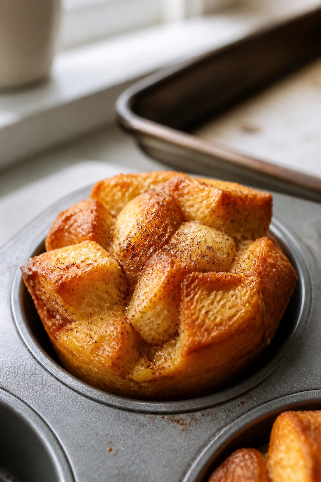 Close-up of a French toast cup in a muffin tin, golden and cinnamon-scented