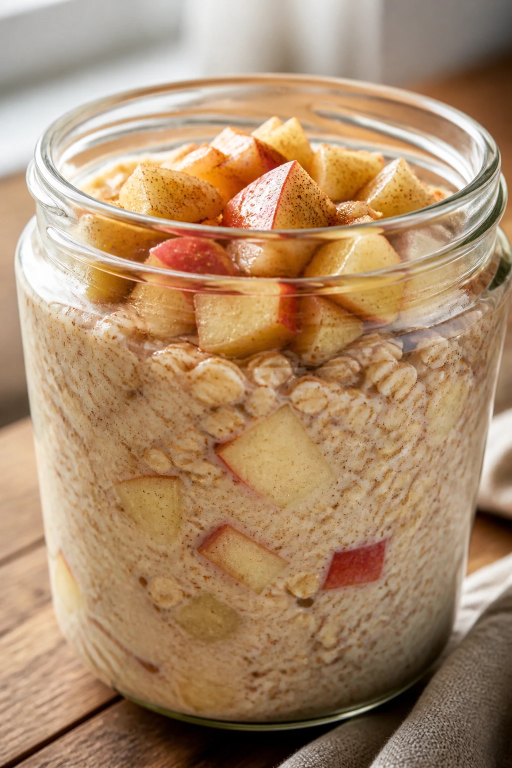 Jar of overnight oats with apples and cinnamon