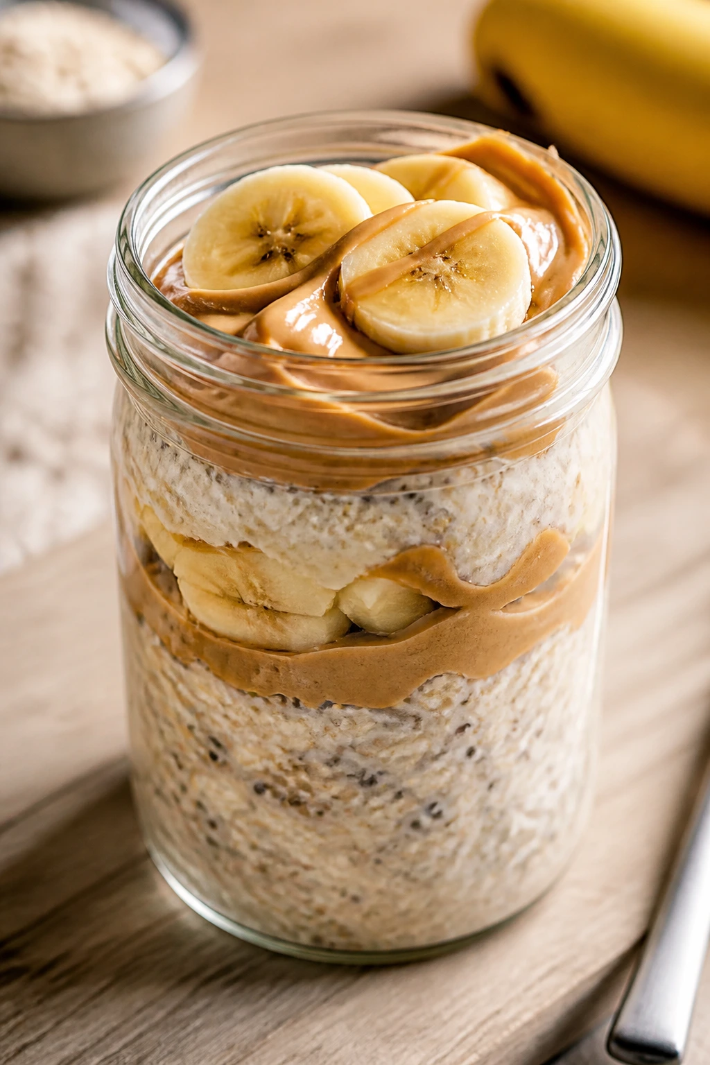 Jar of layered overnight oats with banana slices and peanut butter swirl