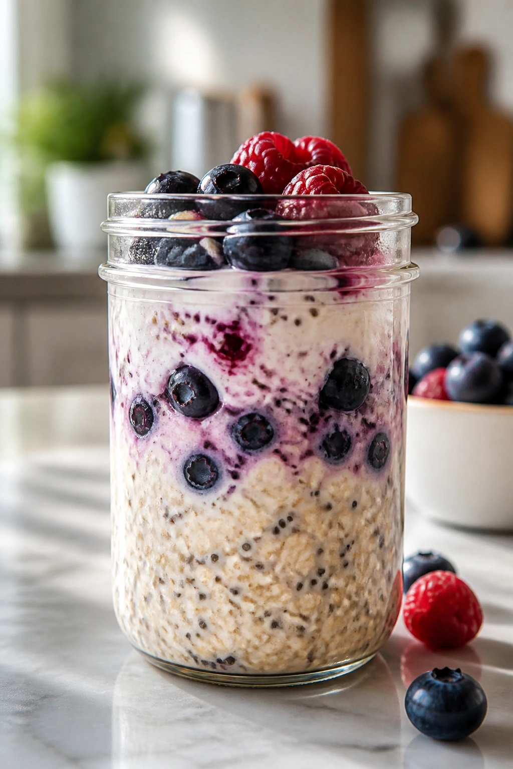 Jar of berry vanilla overnight oats with berries