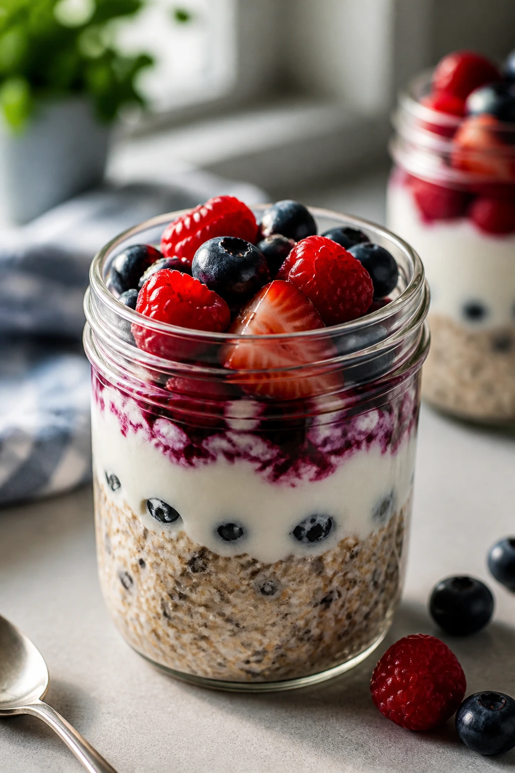 Jar of overnight oats with berries on a kitchen counter in morning light