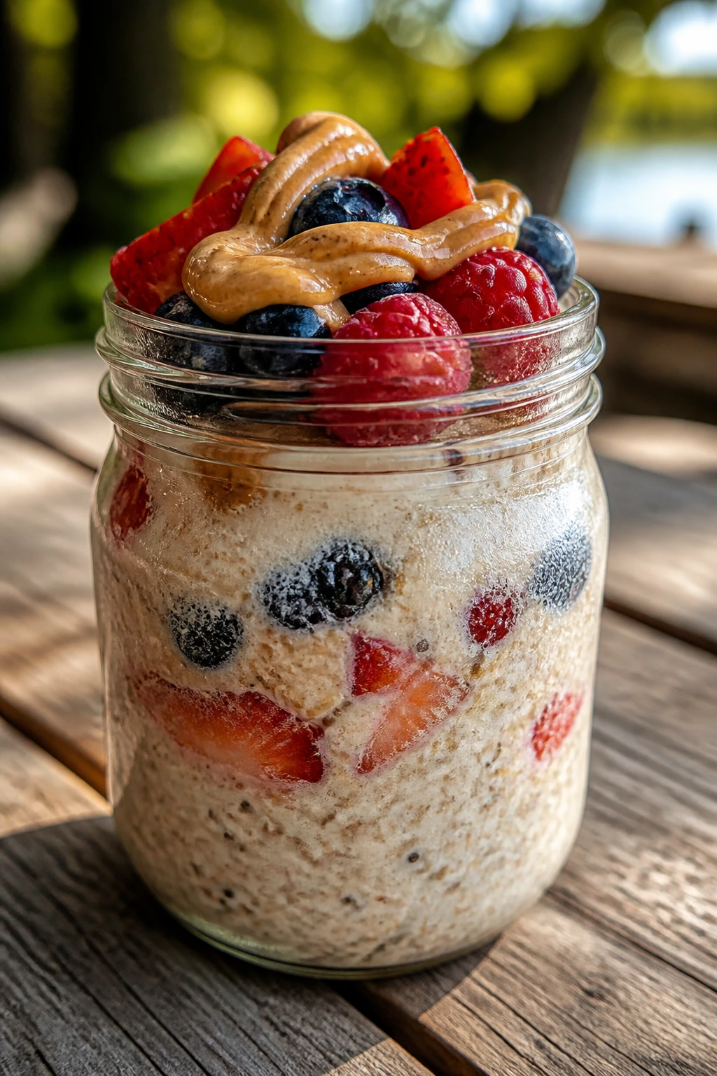 Jar of overnight oats with berries on a picnic table