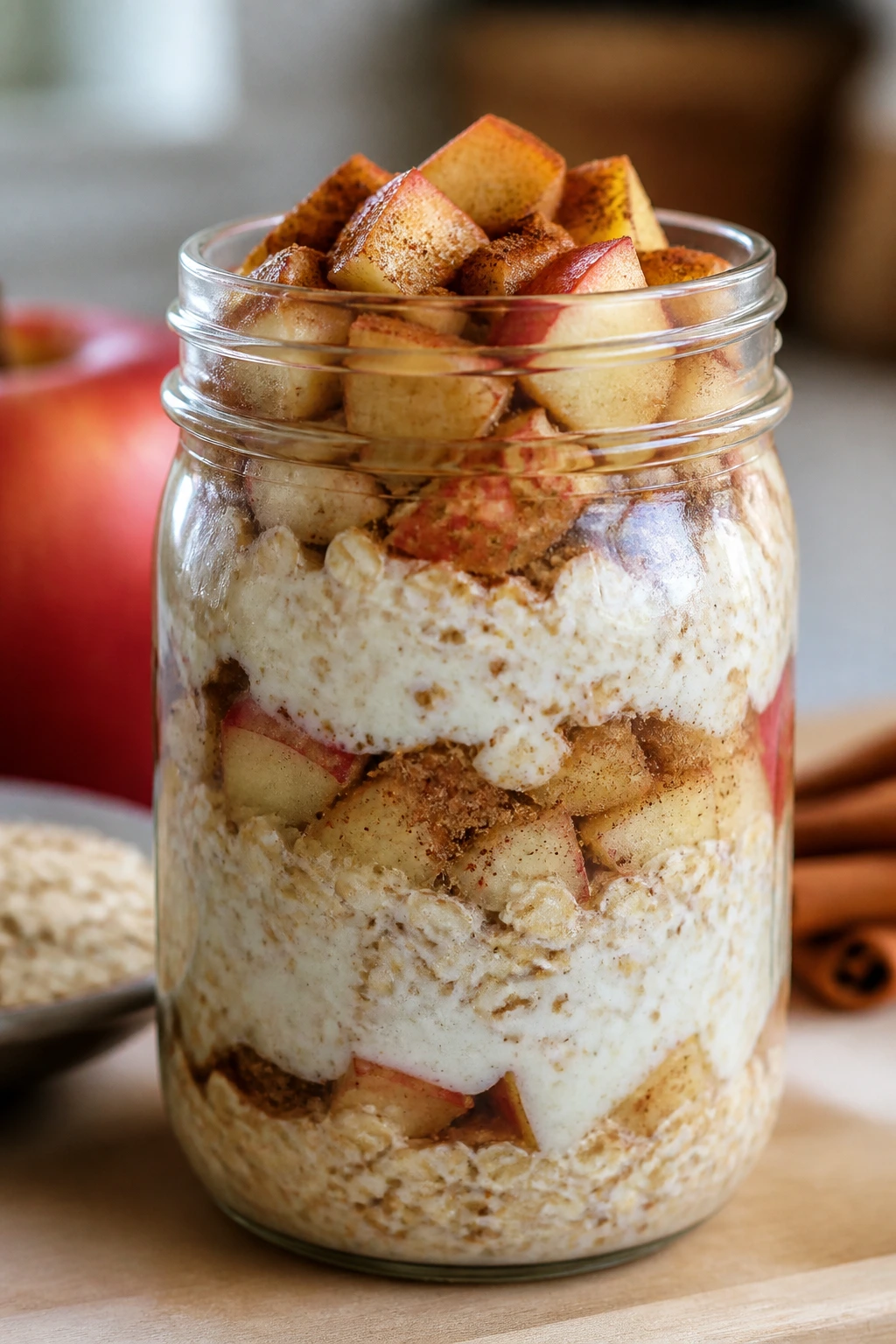 Overnight oats in a mason jar with apples and cinnamon
