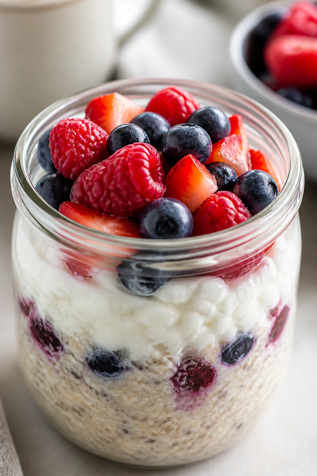 Jar of cottage cheese berry overnight oats with berries on top