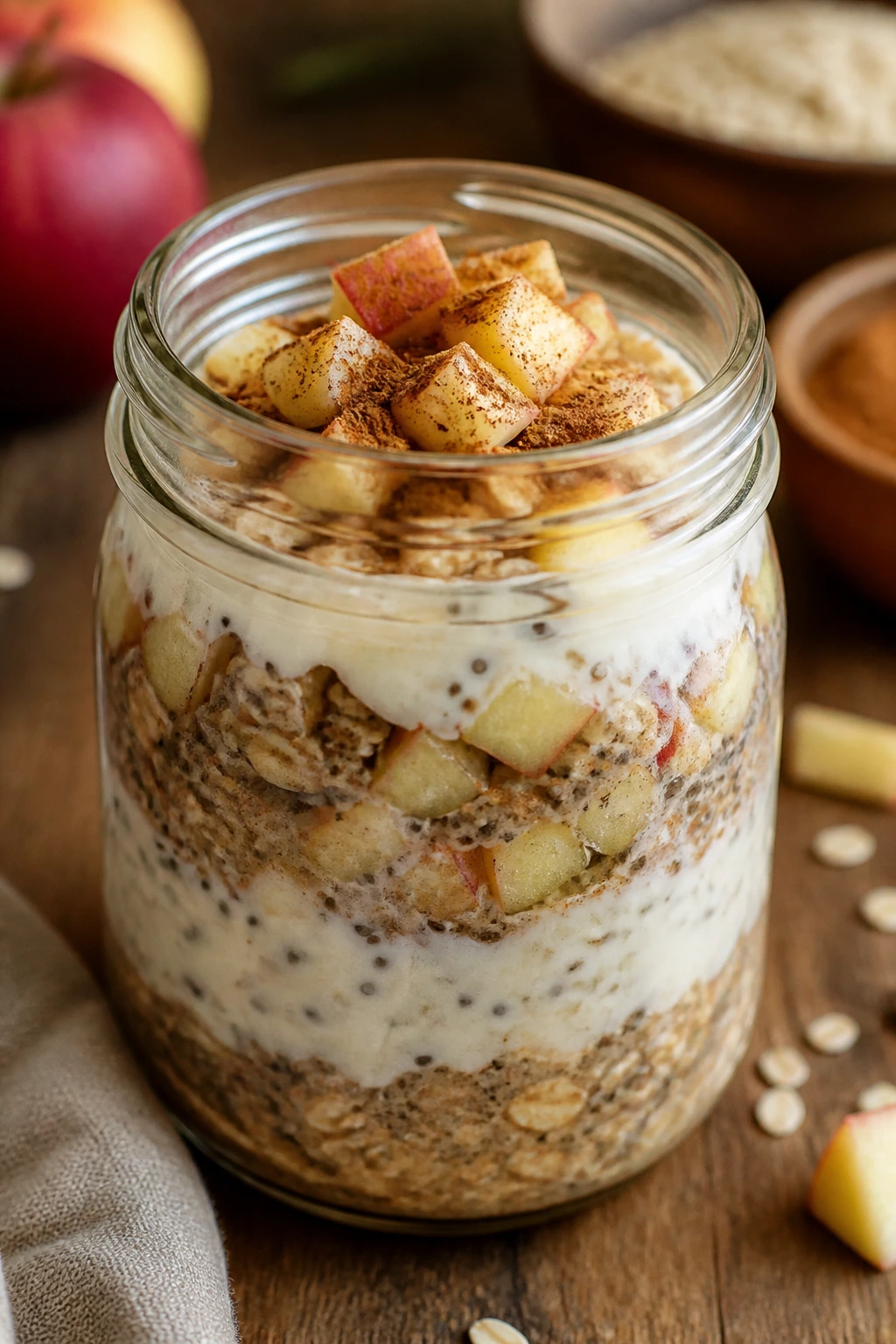 Overnight oats in a jar with apples and yogurt layers