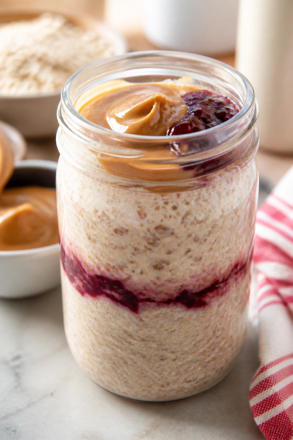 Jar of layered overnight oats with peanut butter swirl and jam.