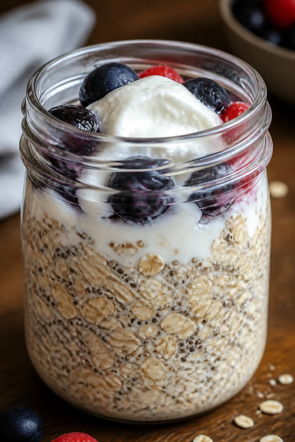 Close-up of thick overnight oats with Greek yogurt and berries in a jar on a rustic kitchen counter