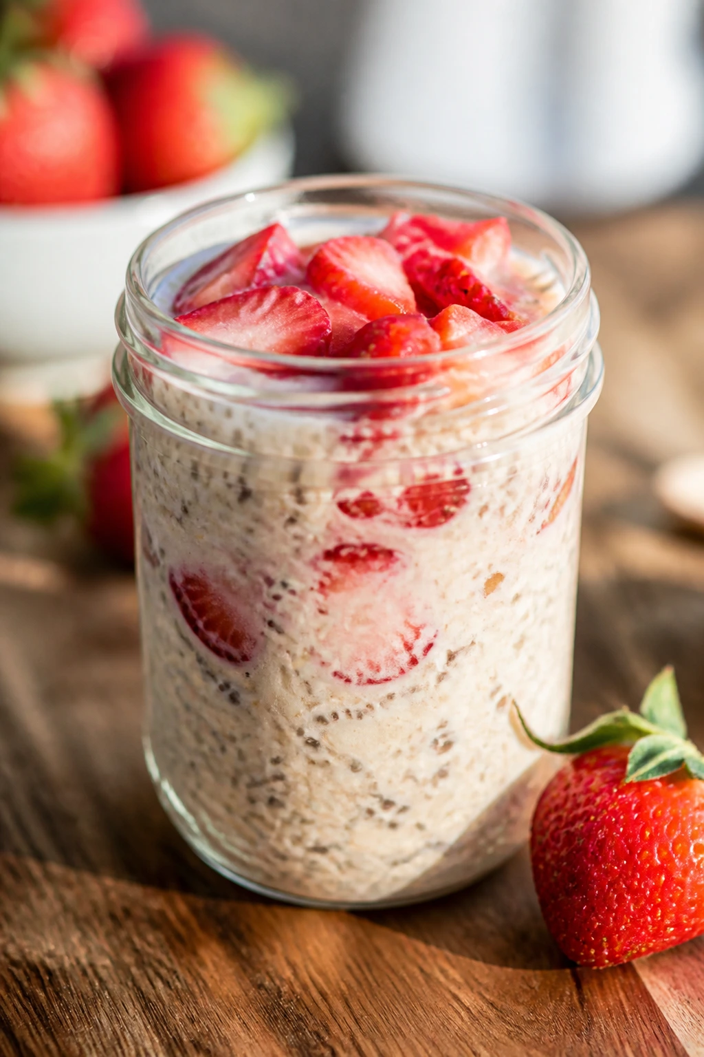Jar of overnight oats with strawberries and vanilla in a kitchen setting
