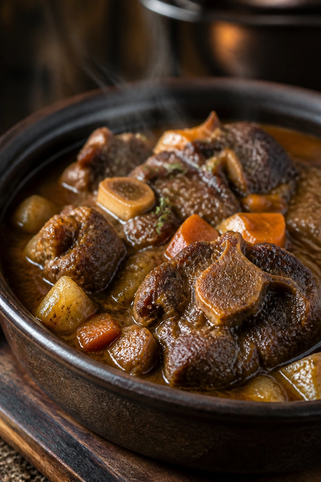 Close-up of glossy oxtail stew with tender meat in a rustic bowl