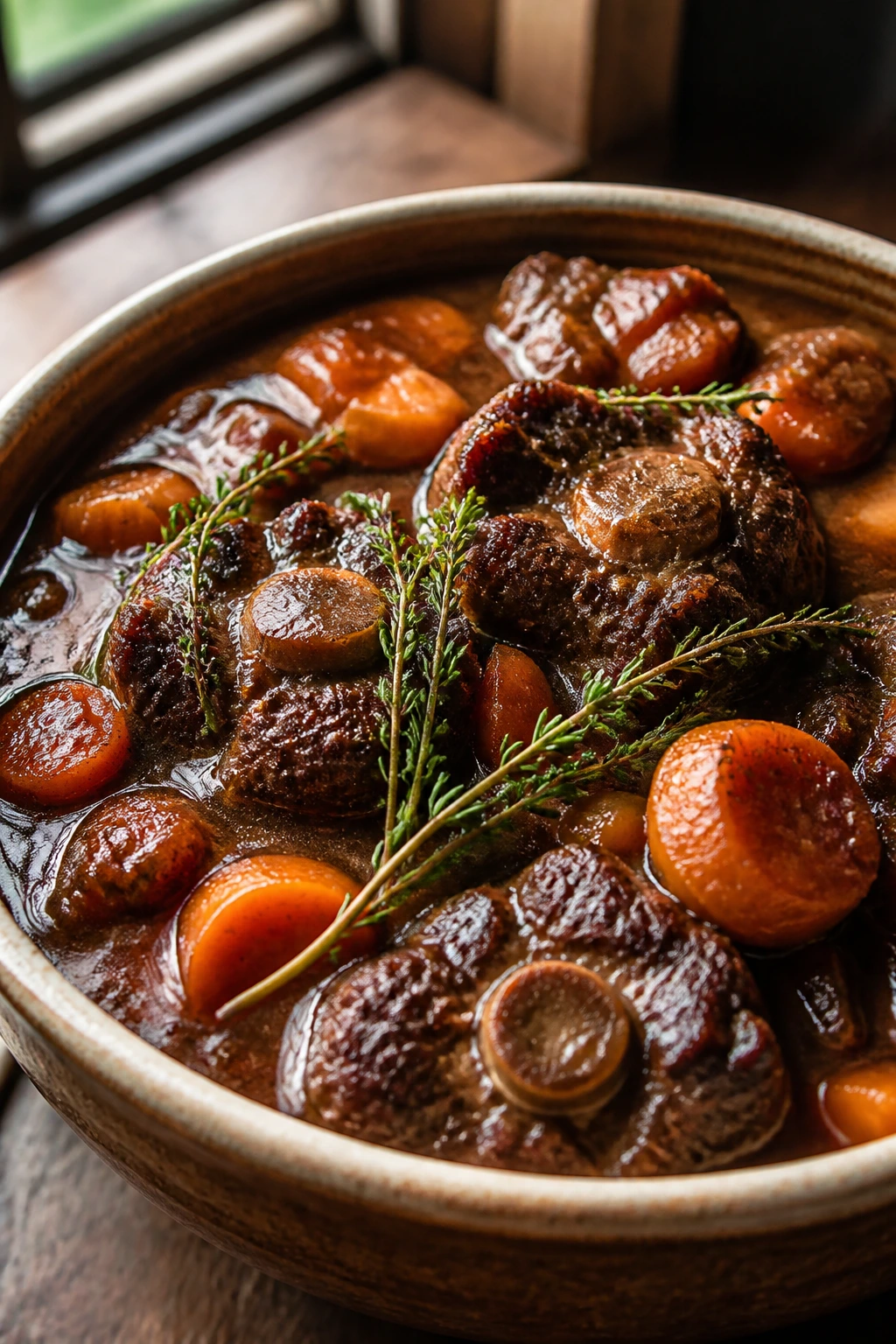 Close-up of Oxtail Stew with Carrots and Thyme in a rustic bowl