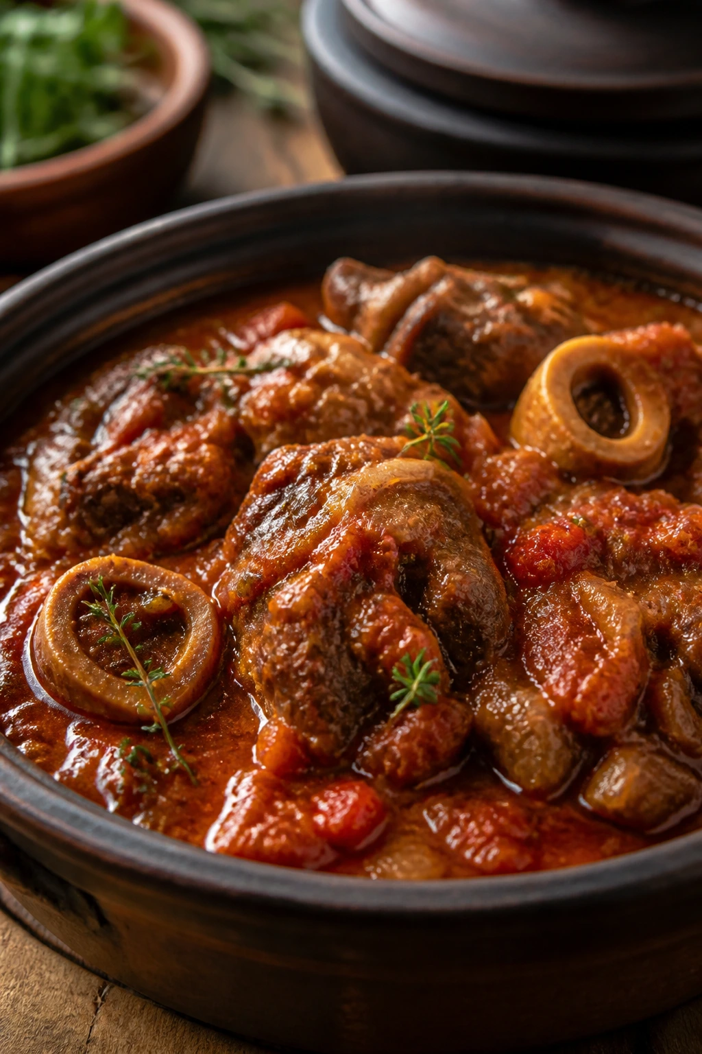 Close-up of oxtail in tomato stew with glossy sauce
