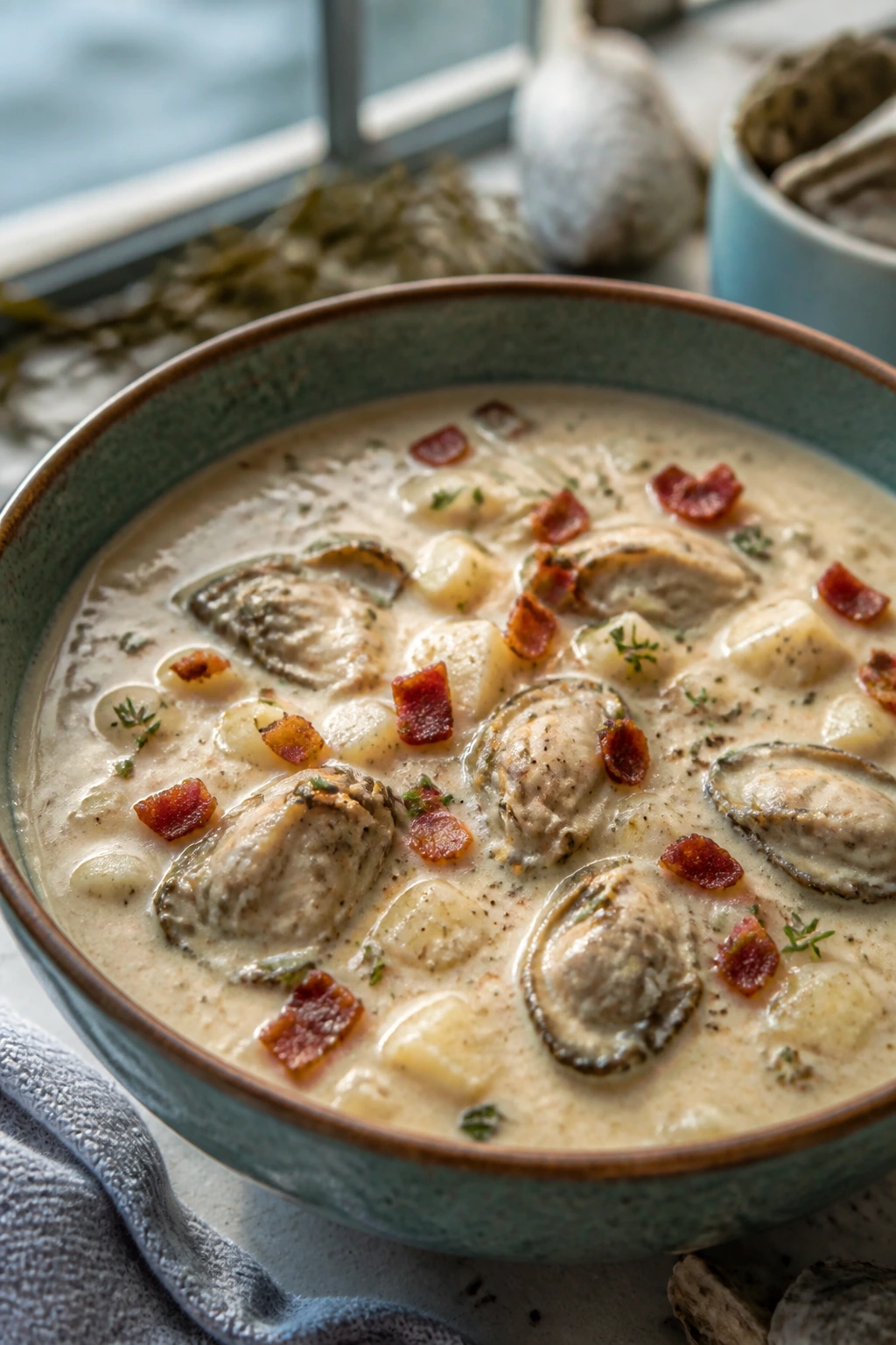 Creamy Oyster Chowder in a bowl with oysters and bacon