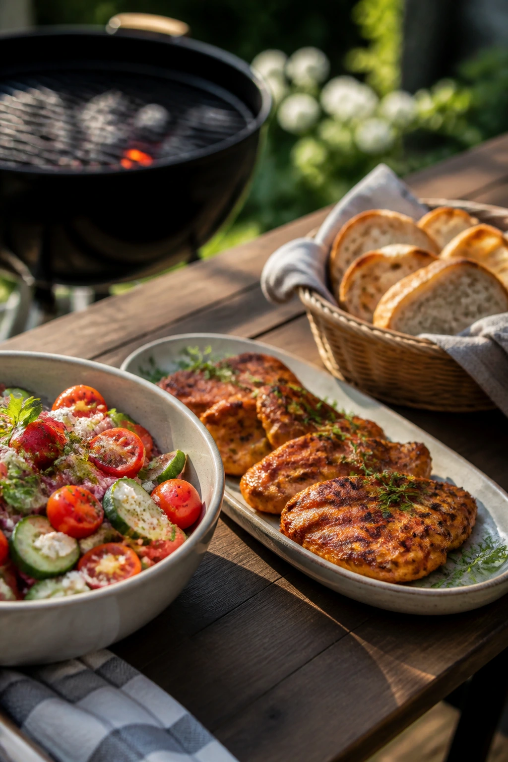 Outdoor table arranged in serving sequence with cold salad, mains, and bread