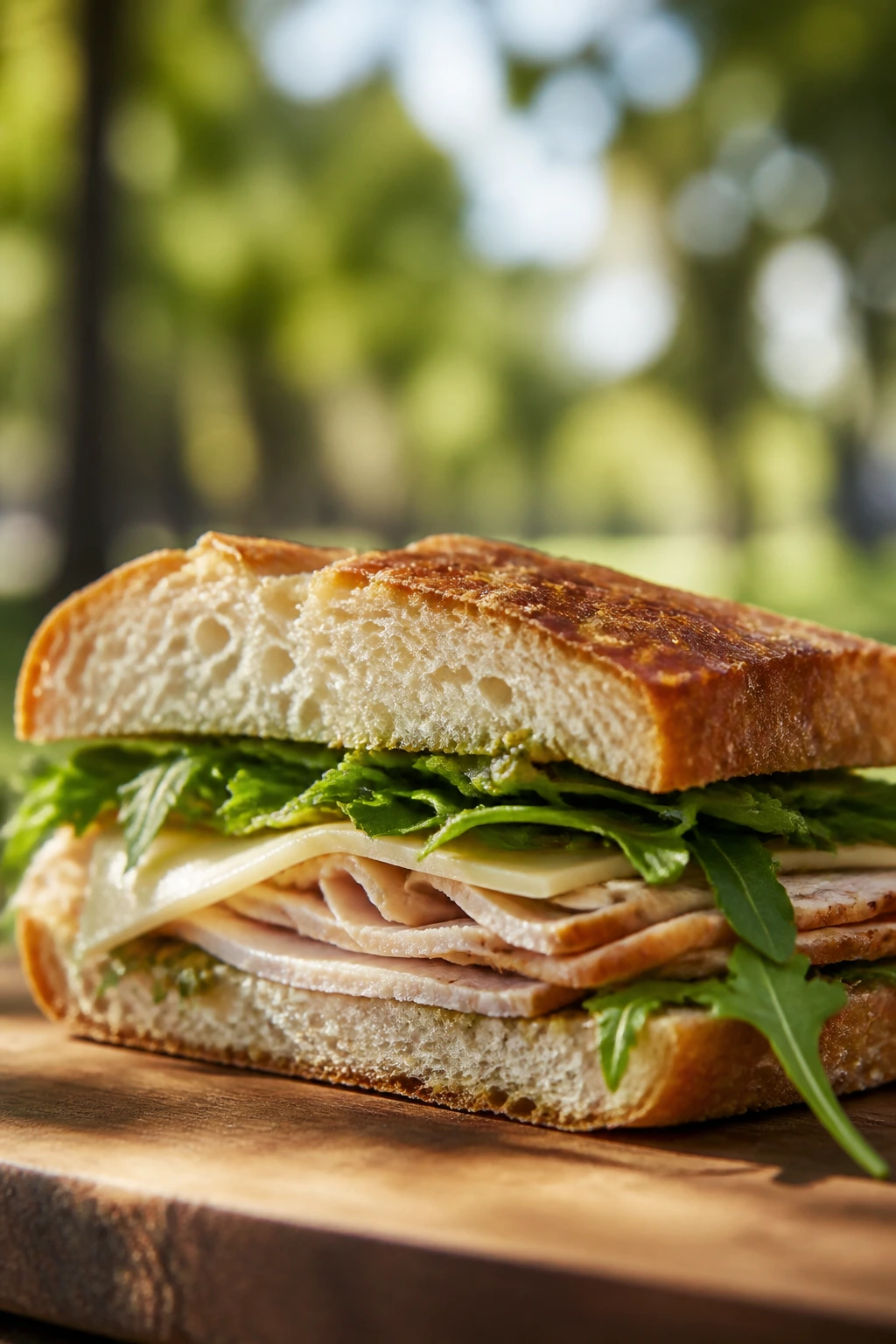 Well-built picnic sandwich on wooden board in park