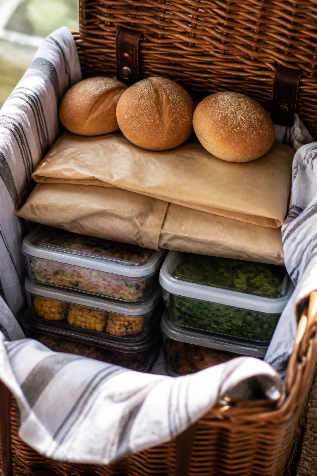 Wicker picnic basket interior with heavy containers at bottom