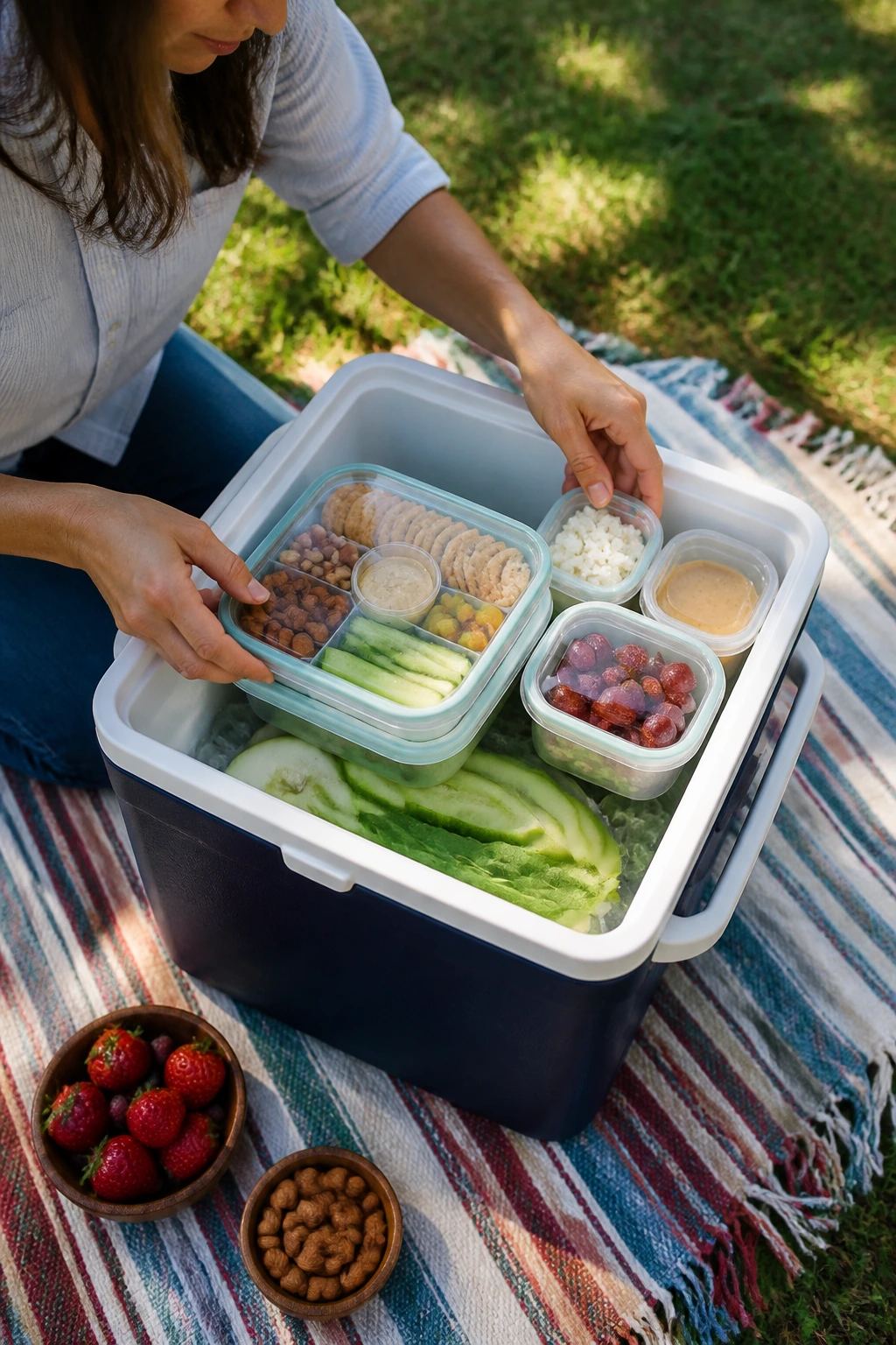 Hands packing a cooler on a park blanket with dry items, wet cups, and bottom-layer cold items