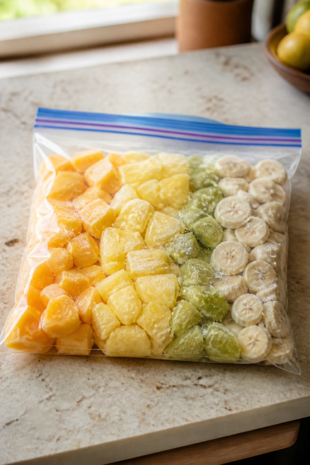 Sealed flat freezer bag with evenly cut tropical fruits ready to freeze