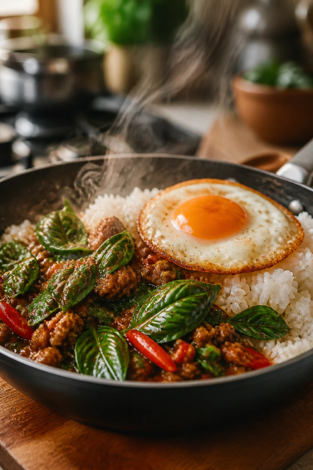 Pad kra pao with basil and fried egg over rice in a home kitchen